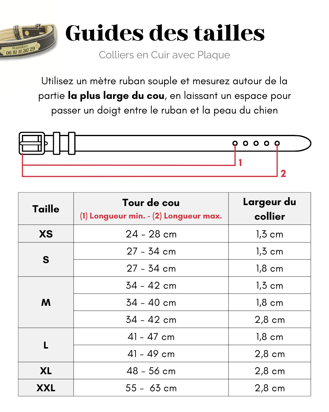 Guides des tailles Collier cuir avec plaque