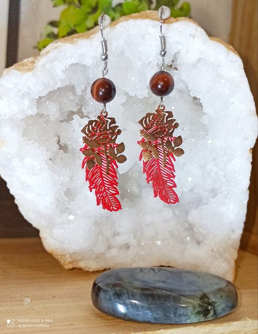 Boucles d\'oreilles Rose et plumes