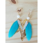 Boucles d'oreilles plumes or jaune bleu blanche - Copie