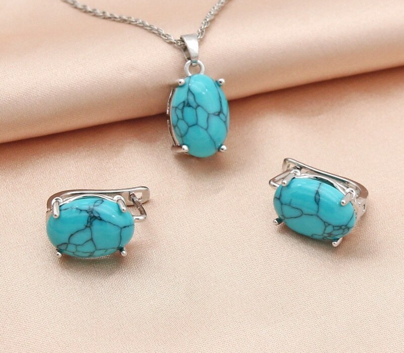Parure de bijoux en Turquoise synthétique, Or Rose 585/1000, boucles d\'oreilles, collier.