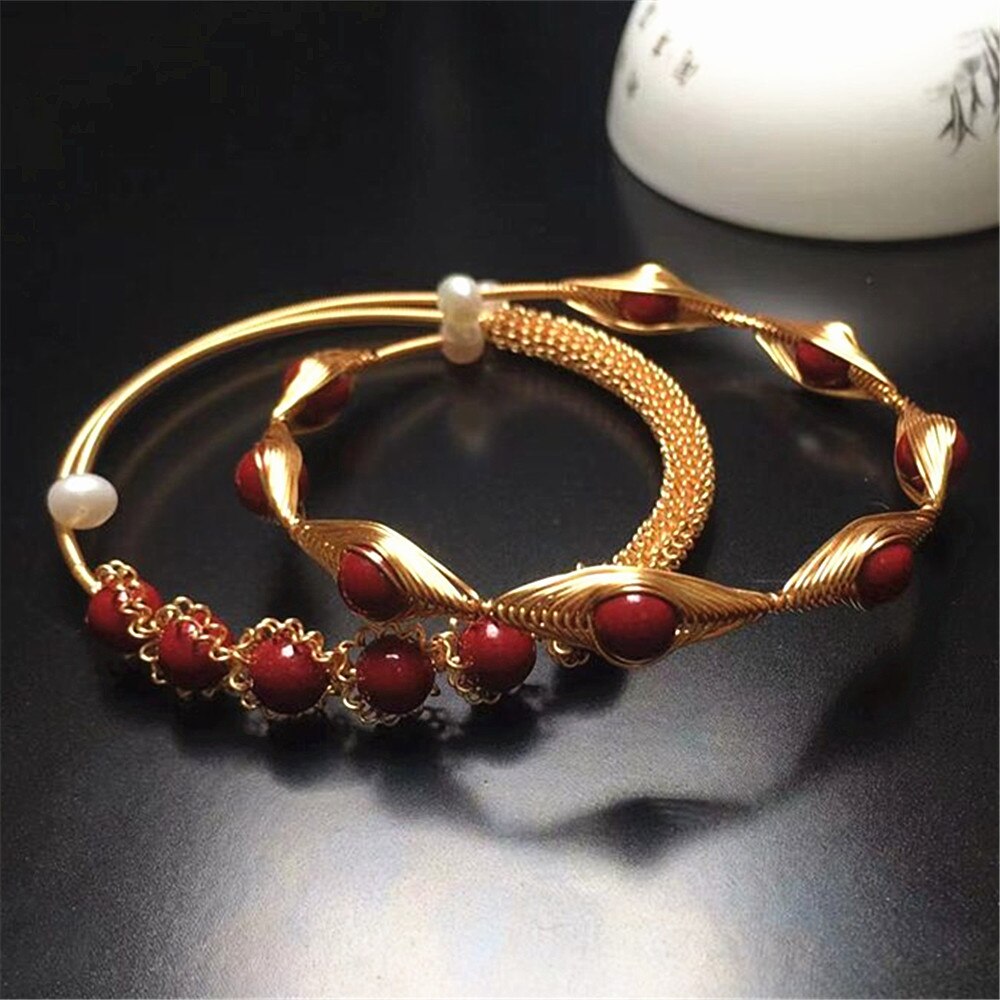 Bracelet-cinabre-rouge-naturel-en-or-14K-pour-femmes-fil-torsad-ouverture-Vintage-f-te-bijoux