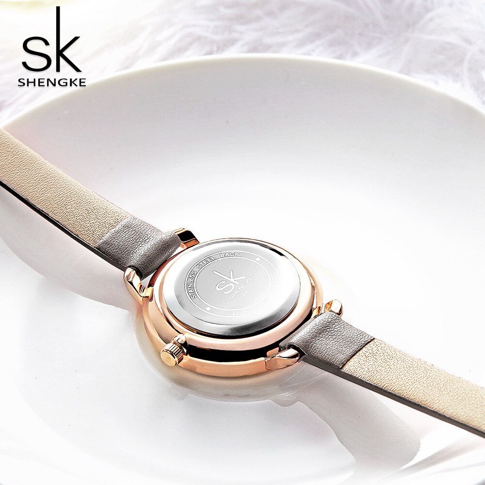 Shengke-montre-en-cuir-Quartz-pour-femmes-grise-bracelet-fin-verte-cadran-Simple-avec-bo-te