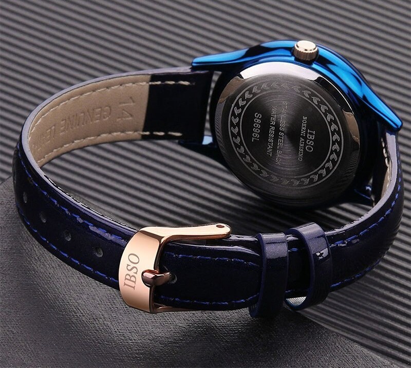 IBSO-montre-bracelet-de-luxe-pour-femmes-Quartz-avec-bracelet-en-cuir-bleu-avec-tranches-de