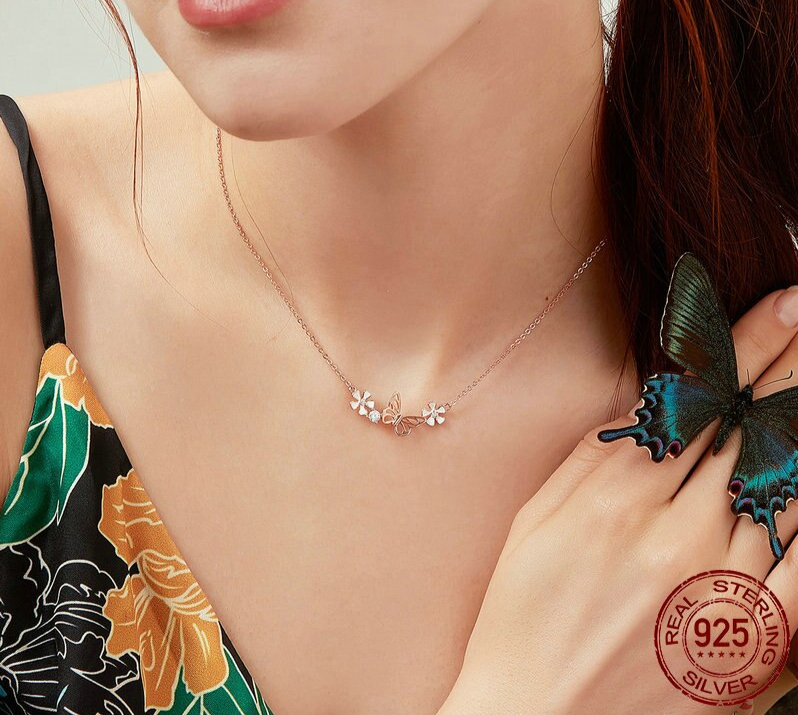 BAMOER-collier-ras-du-cou-court-papillon-et-fleur-en-argent-Sterling-925-mail-Floral-bijoux