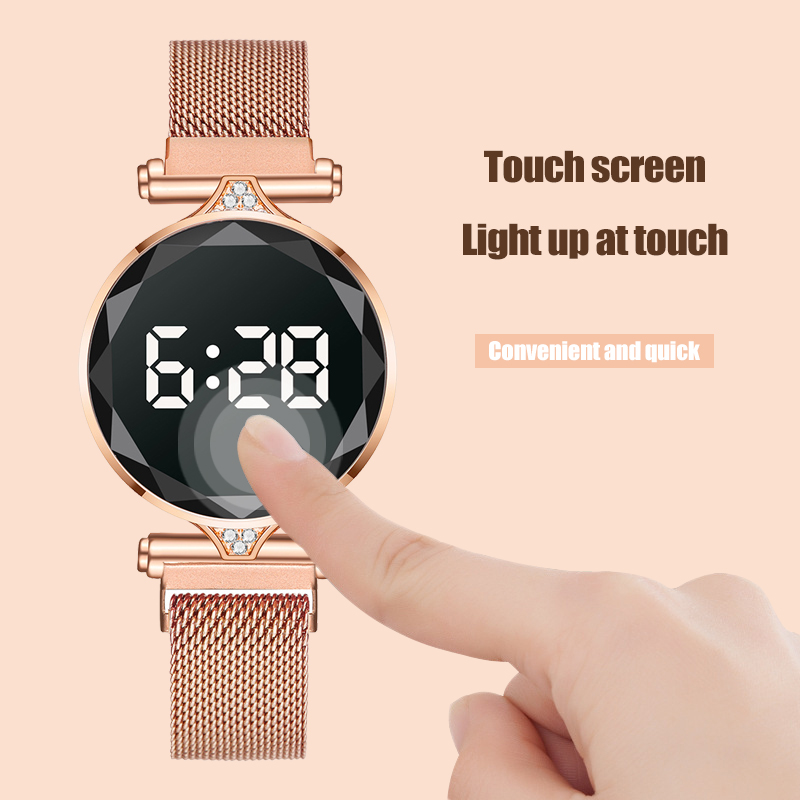 Montre-de-luxe-LED-pour-femmes-Bracelet-magn-tique-or-Rose-num-rique-Quartz-horloge