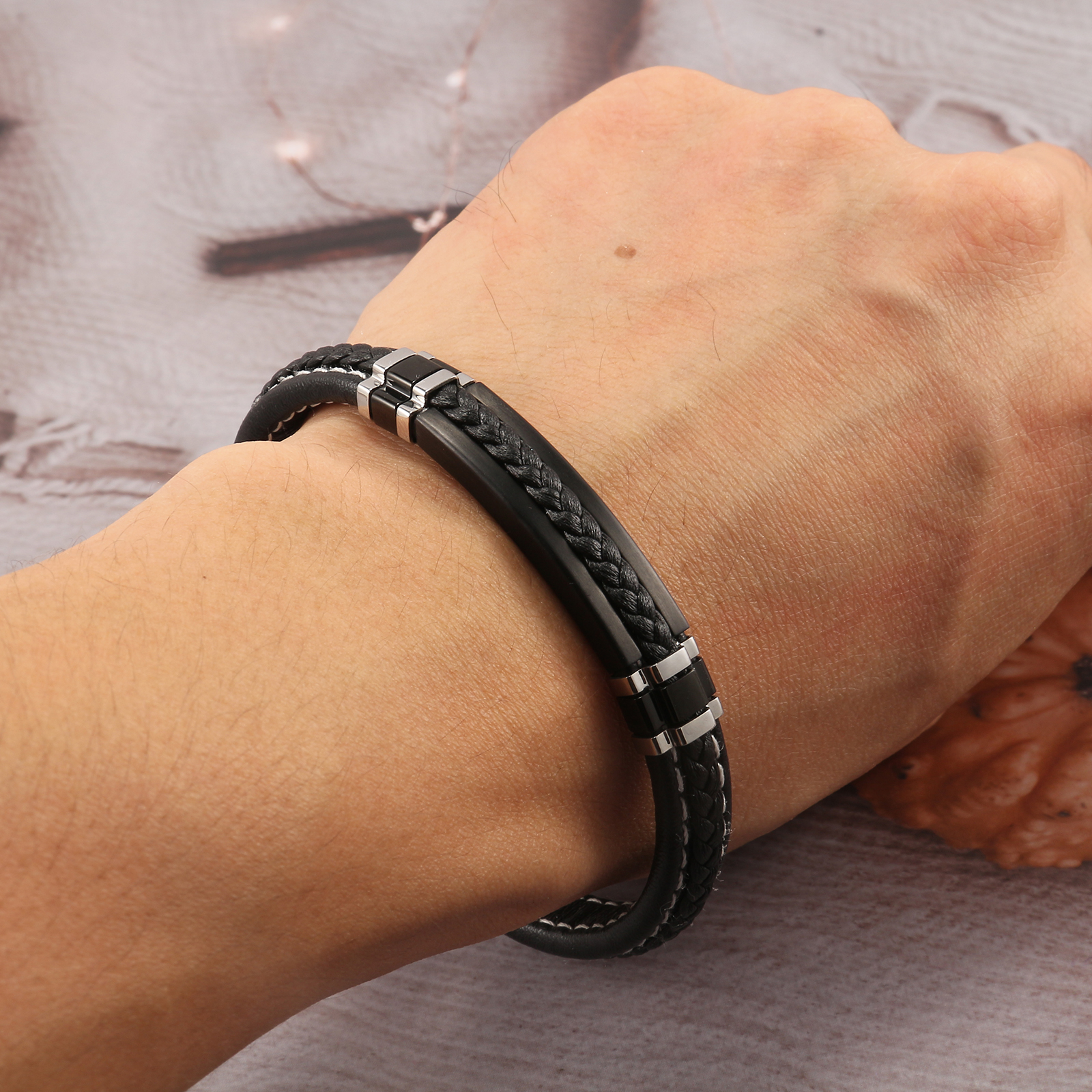 Bracelet for man - Stainless steel mate & Black braided leather 8. Color:  black | Doucet Latendresse