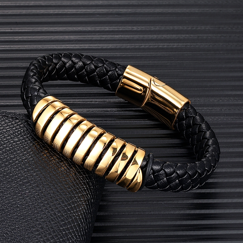 Bracelet homme en cuir, avec nœud concentrique, acier inoxydable.