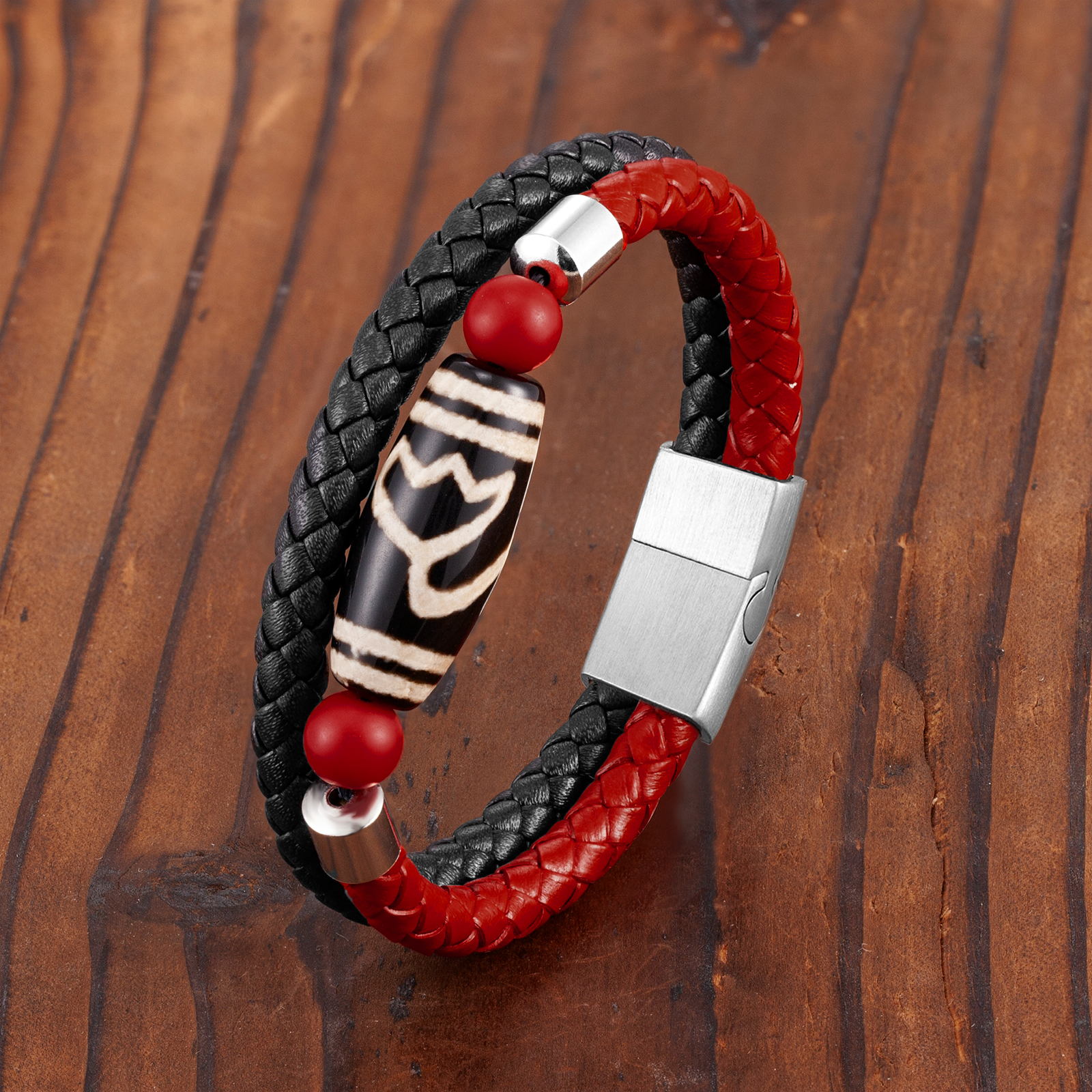 Bracelet tendance homme, en pierre Agate, cuir, et en acier inoxydable  316L. - Bracelets/Vente flash bracelet tendance homme - Vente flash bijoux