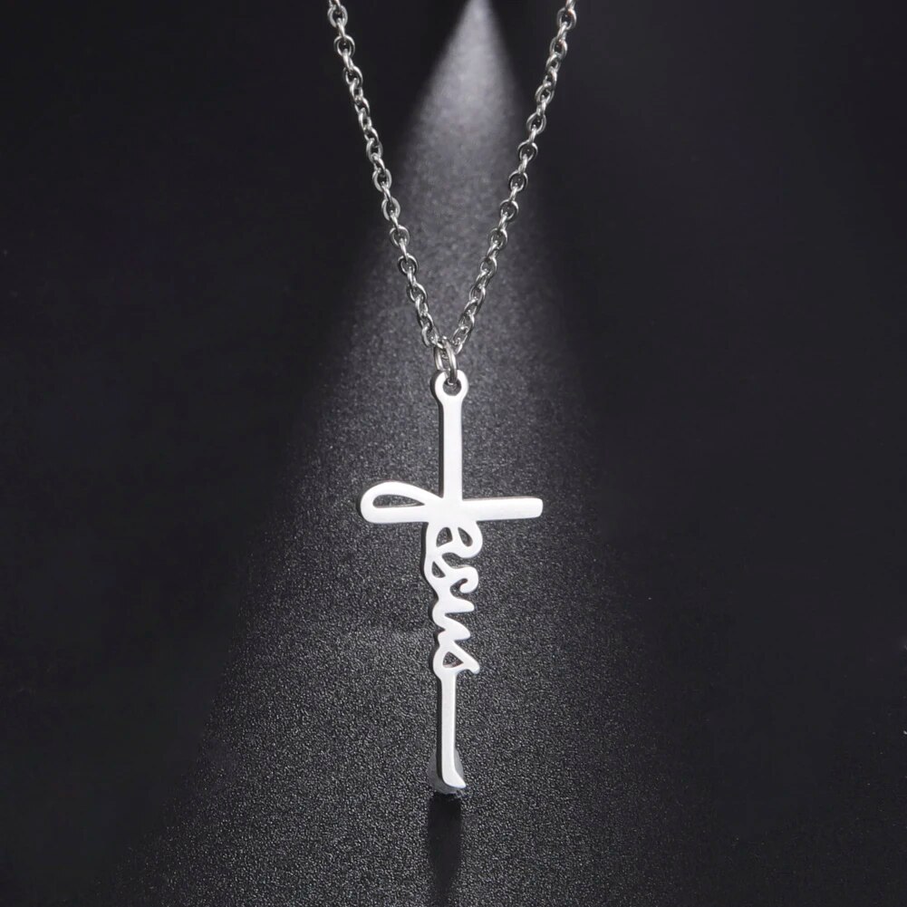 Collier avec pendentif Croix de Jésus, en acier Inoxydable, homme/femme.