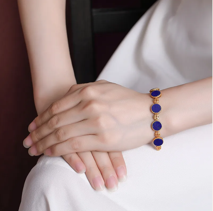 Bracelet pierre lapis lazuli - Bracelet tendance femme, plaqué Or 14 carats.
