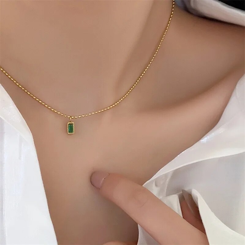 Zunderes-Collier-pendentif-vert-carr-r-tro-pour-femme-acier-au-titane-bijoux-de-fian-ailles