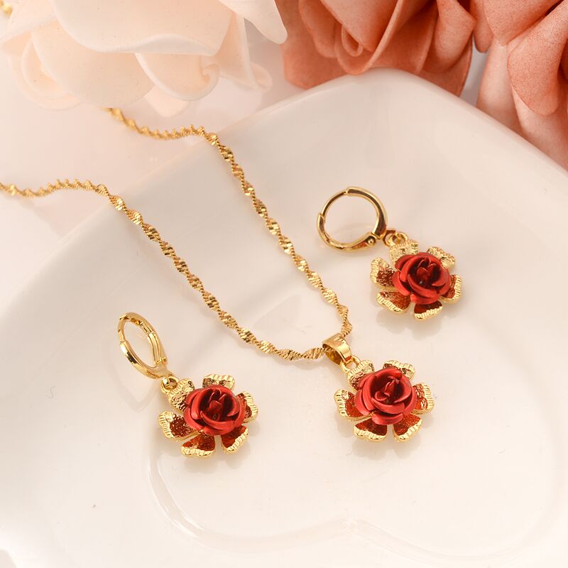 Ensemble-de-bijoux-en-or-fin-18-k-pour-femmes-boucles-d-oreilles-pendantes-fleur-rouge