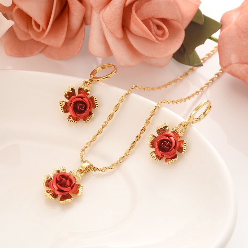 Ensemble-de-bijoux-en-or-fin-18-k-pour-femmes-boucles-d-oreilles-pendantes-fleur-rouge