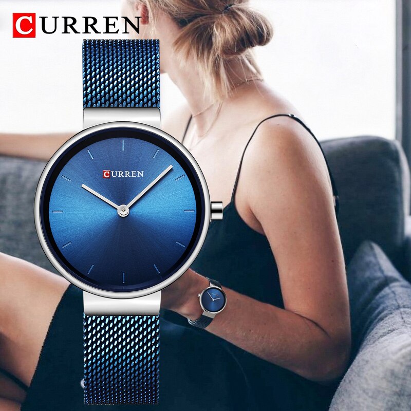 CURREN-montre-analogique-Quartz-pour-femmes-bracelet-de-luxe-Simple-en-maille-d-acier-inoxydable-bleu