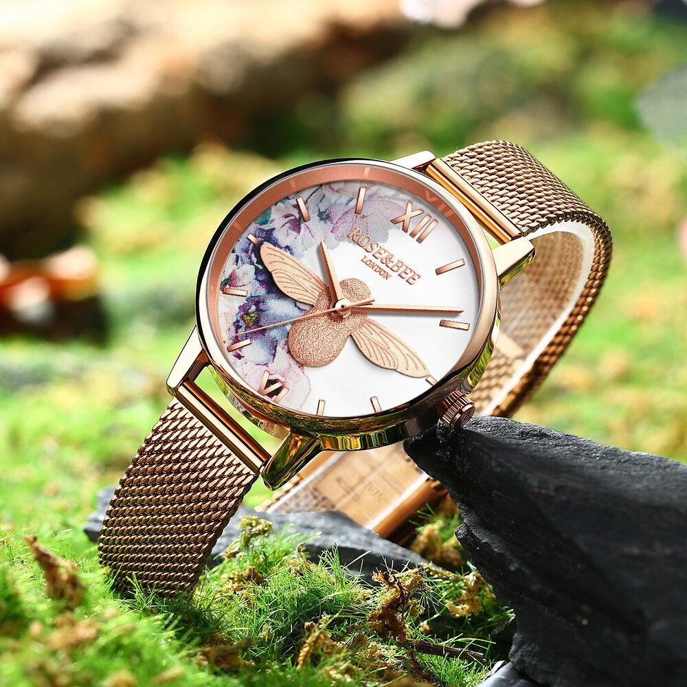 Montre-Bracelet-Quartz-pour-femmes-1-ensemble-tendance-petit-abeille-cadran-acier-inoxydable-tanche-maille-cadeaux