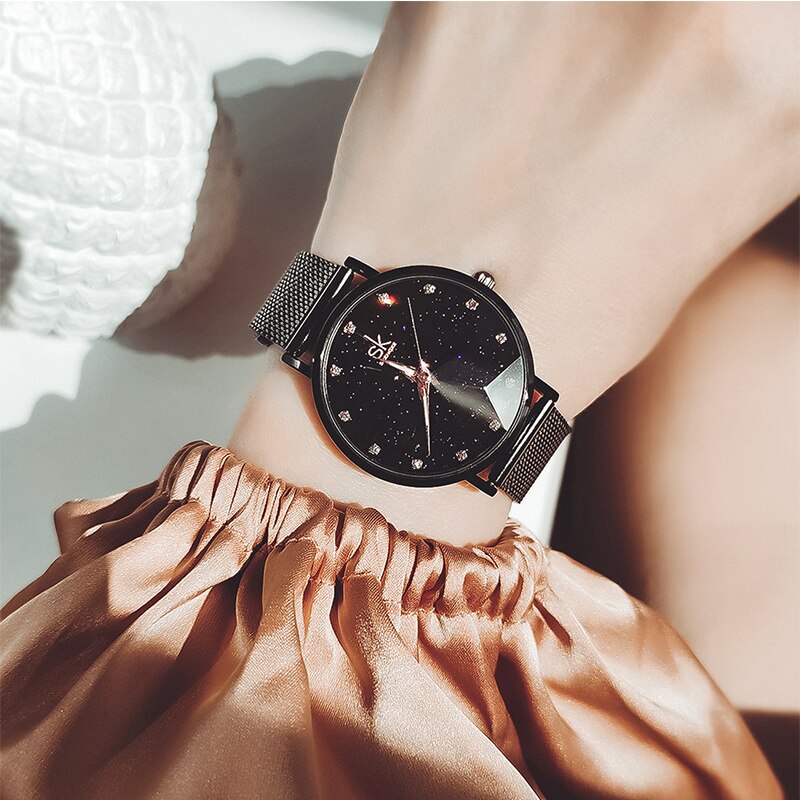 Shengke-montre-pour-femmes-nouveau-romantique-cadran-de-coupe-de-fleurs-maille-noire-haute-qualit-cadeau