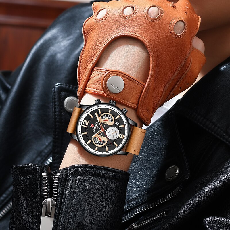 Reward-montre-bracelet-en-cuir-v-ritable-pour-hommes-tanche-Anti-blouissement-chronographe-Date-lumineuse