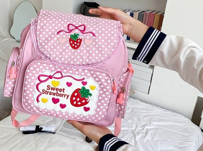 Sac-d-cole-rose-pour-filles-avec-broderie-de-fraises-sac-dos-pour-enfants-avec-dessin