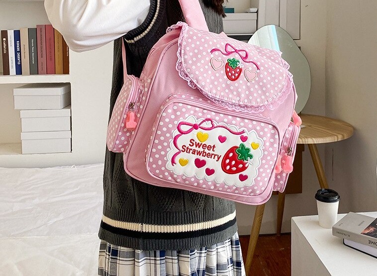 Sac-d-cole-rose-pour-filles-avec-broderie-de-fraises-sac-dos-pour-enfants-avec-dessin