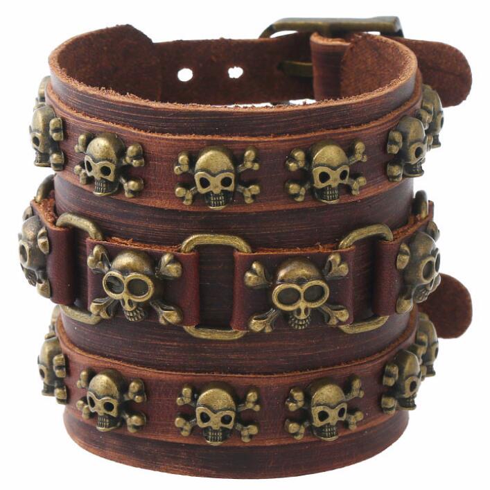 Bracelet-gothique-Punk-Vintage-avec-cr-ne-de-Pirate-en-cuir-avec-perles-marron-breloque-squelette