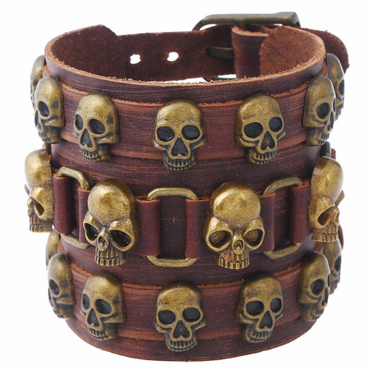 Bracelet-gothique-Punk-Vintage-avec-cr-ne-de-Pirate-en-cuir-avec-perles-marron-breloque-squelette