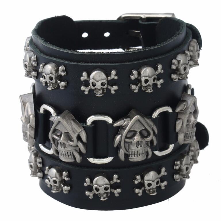 Bracelet-gothique-Punk-Vintage-avec-cr-ne-de-Pirate-en-cuir-avec-perles-marron-breloque-squelette