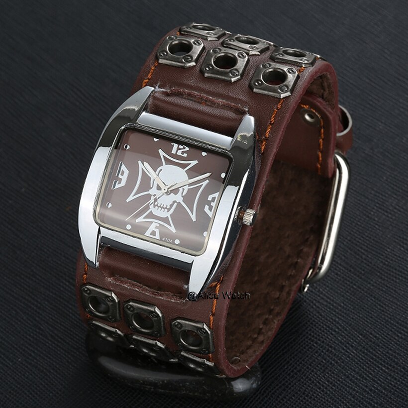 Montre-Punk-gothique-pour-hommes-Bracelet-en-cuir-cr-ne-Quartz-sport-cadeaux