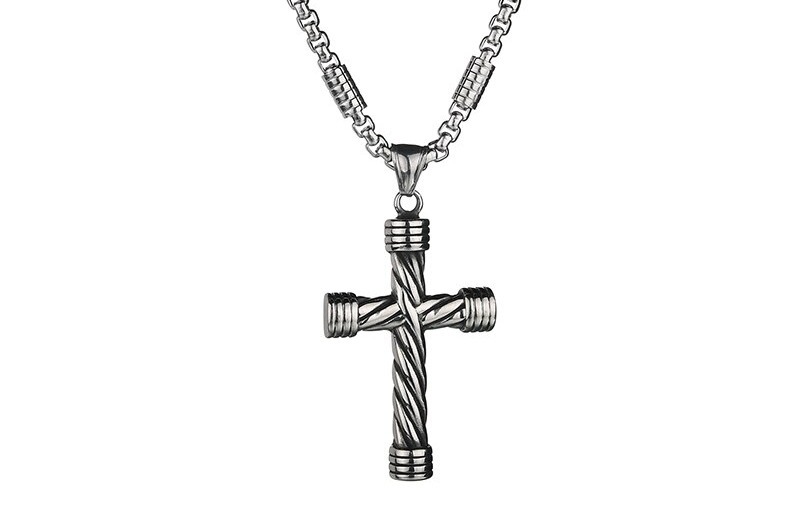Collier-pendentif-croix-en-acier-inoxydable-couleur-argent-cha-ne-en-acier-inoxydable-perles-noires-bijoux