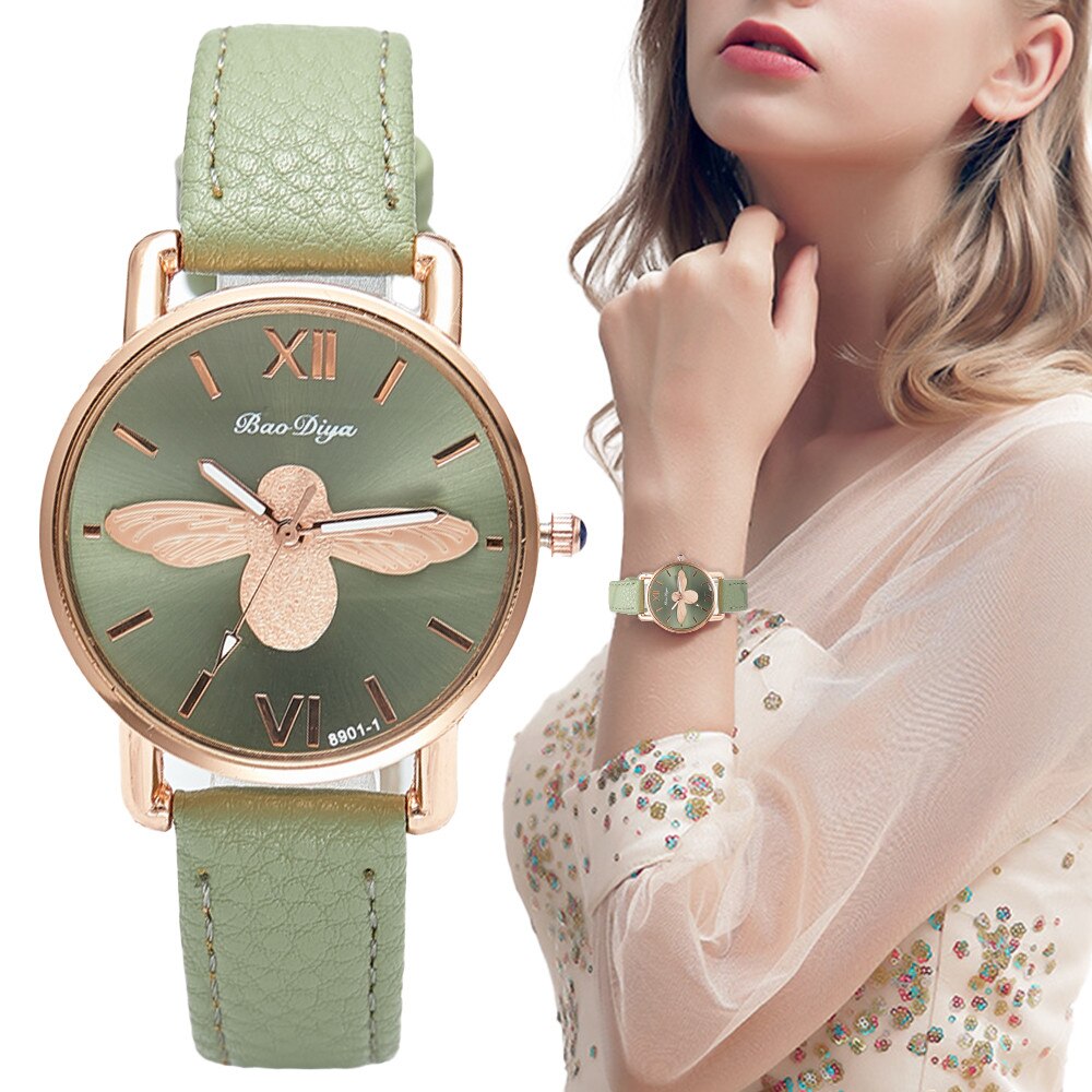 Montre-pour-dames-design-simple-abeille-vintage-cuir-vert-dames-montre-de-luxe-mode-casual-dames
