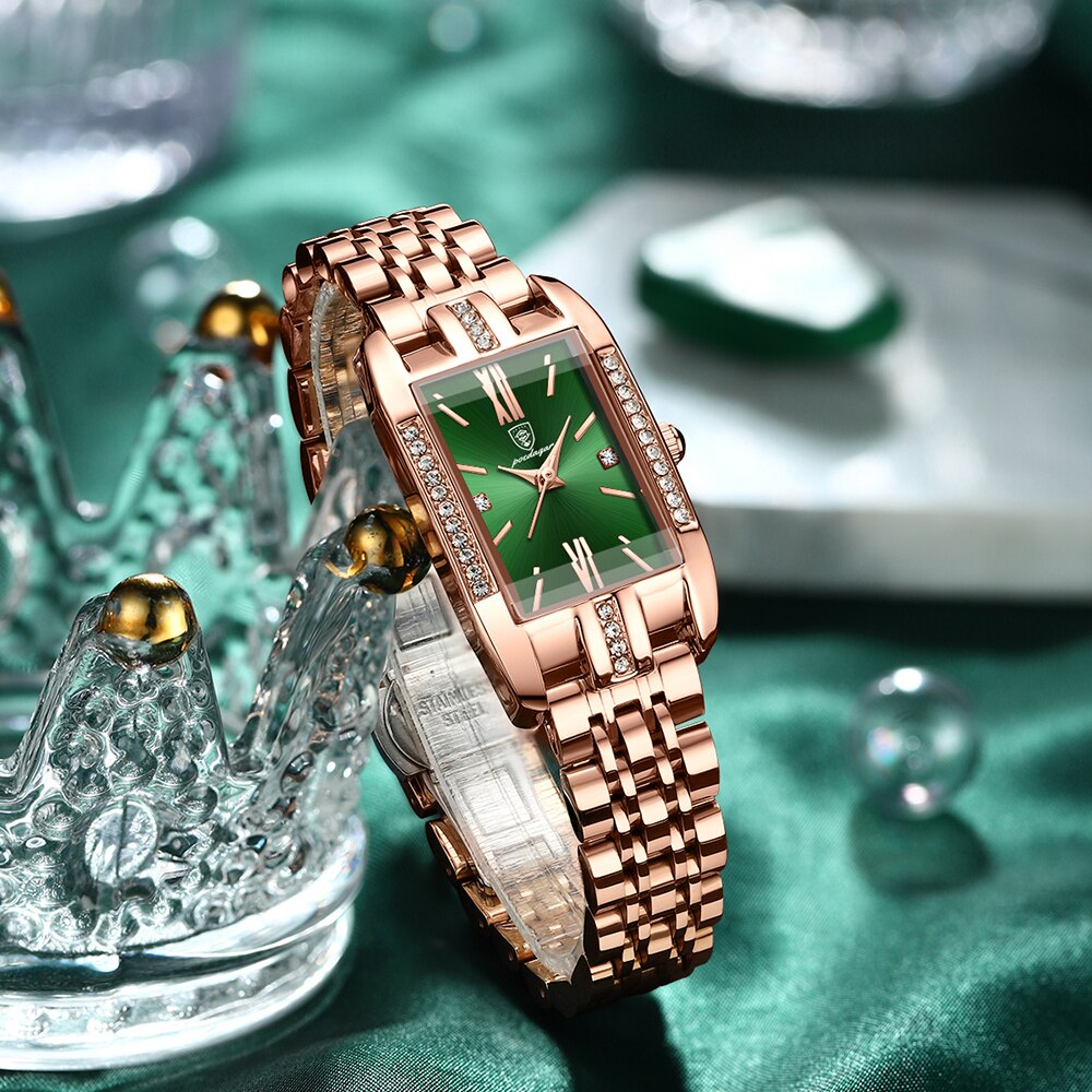 POEDAGAR-montre-de-luxe-pour-femmes-cadran-vert-diamant-Quartz-carr-acier-inoxydable-tanche-cadeau-pour