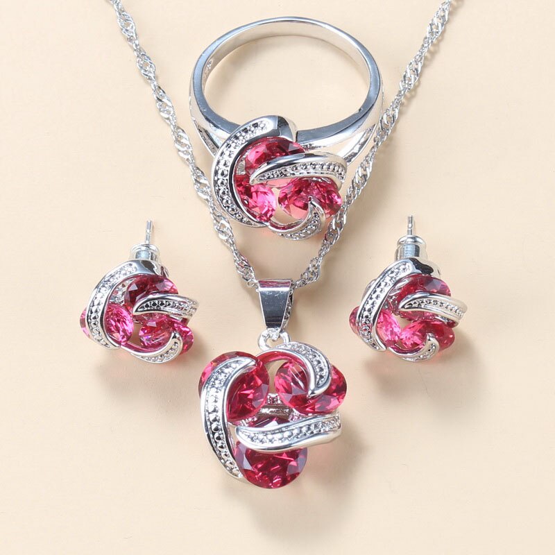 Parure-de-bijoux-pour-femmes-collier-et-boucles-d-oreilles-en-Zircon-rouge-Rose-marque-925