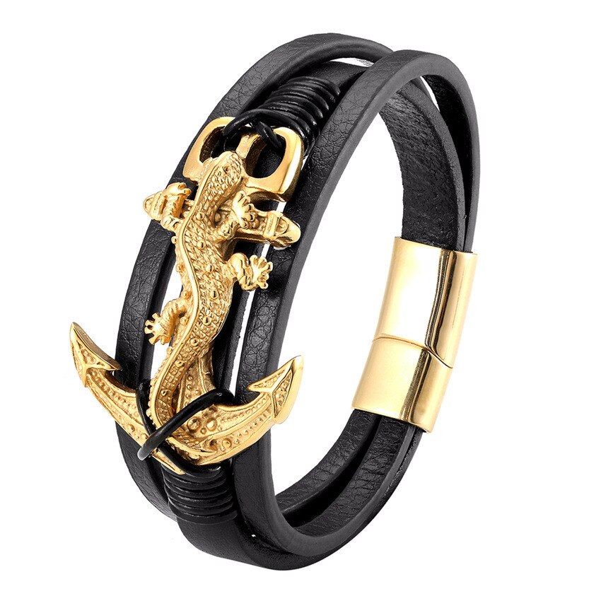 Bracelet-Gecko-en-cuir-v-ritable-pour-hommes-ancre-en-acier-inoxydable-cadeau-de-f-te