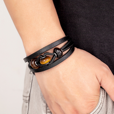 Promotion bracelet tendance homme, en cuir, acier inoxydable, et pierre oeil de tigre.