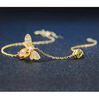 Bracelet d'abeille mignon en pierre de citrine pour femme, chaînette féminine, en argent sterling 925, plaqué or 14 carats.