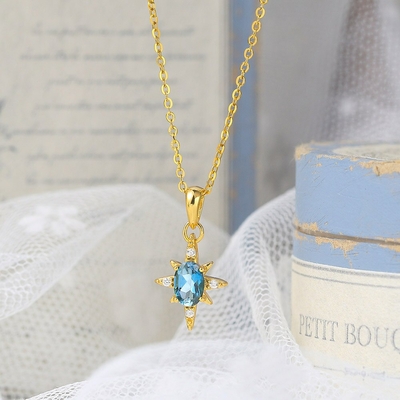 Collier pendentif étoile, pour femmes, argent 925/1000, topaze bleue naturelle, plaqué or 14K.