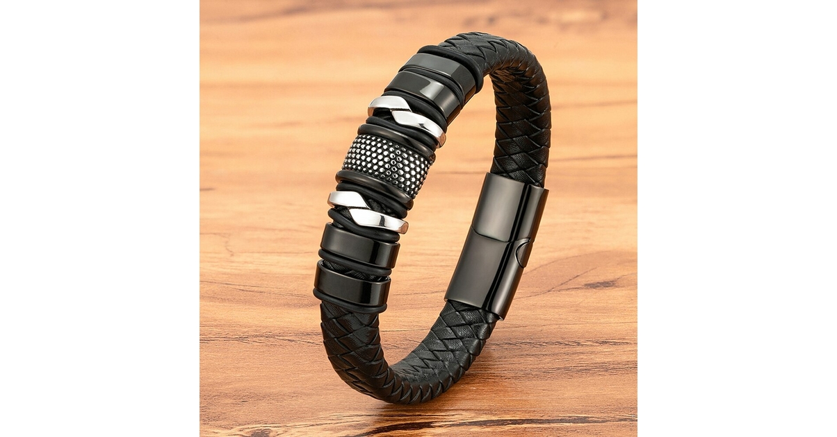 Bracelet Homme Cuir Noir Et Acier Inoxydable – Fermoir Magnétique – 21,5 Cm