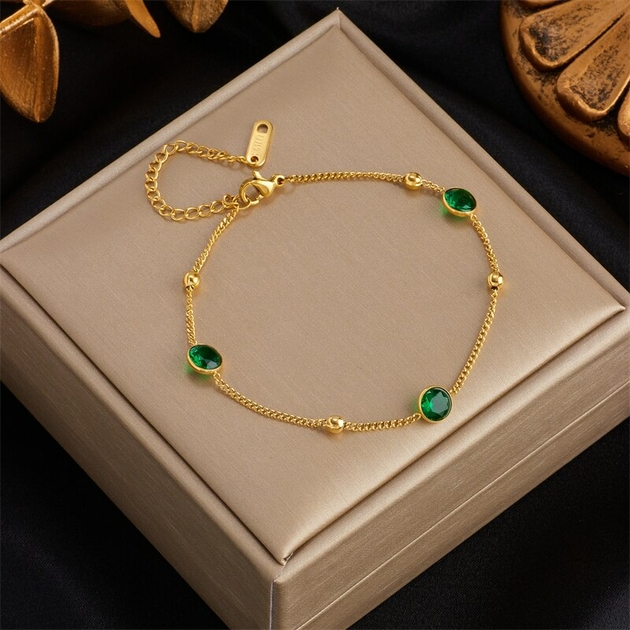 Bracelet fille/ado, en plaqué Or 18 carats, pierre zircon cubique vert.