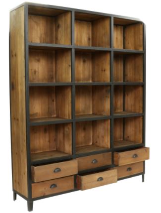 Bibliothèque_bois_recyclé_industriel_tiroirs