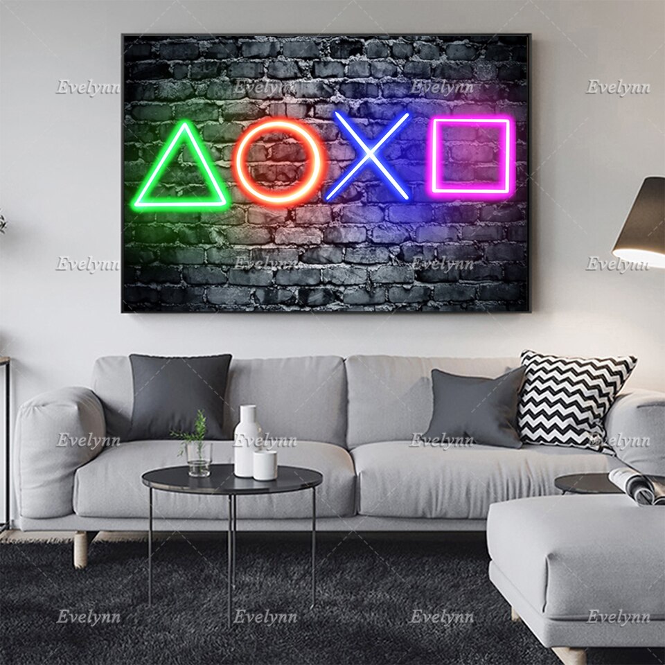 Affiches-Playstation-Wall-Art-Playstation-Cadre-flottant-en-toile-effet-n-on-avec-boutons-Playstation-d