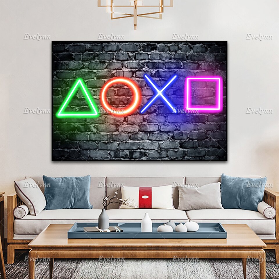 Affiches-Playstation-Wall-Art-Playstation-Cadre-flottant-en-toile-effet-n-on-avec-boutons-Playstation-d