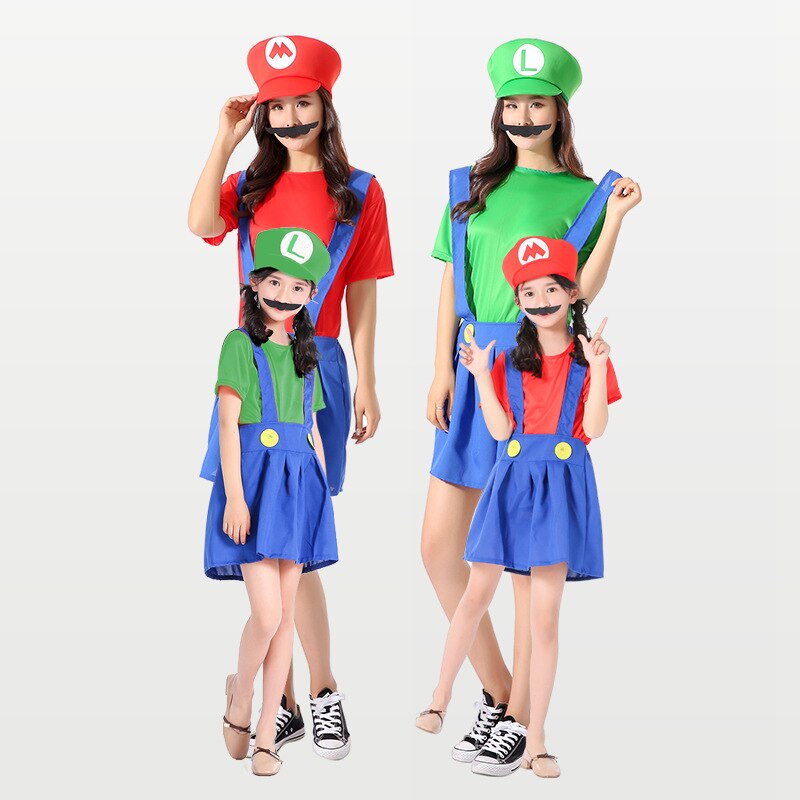 Costume-Cosplay-Super-Mario-plombier-Luigi-combinaisons-barbe-chapeau-pour-enfants-et-adultes-jupe-de-f