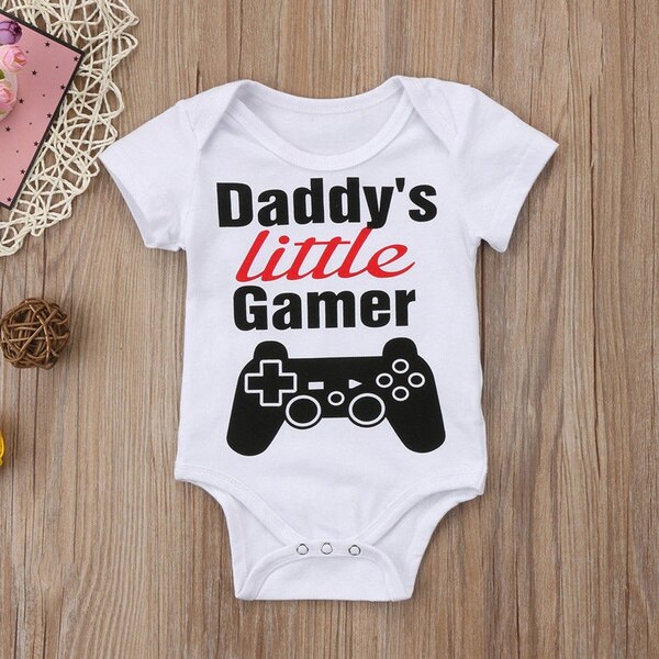 Papa-petit-Gamer-nouveau-n-enfants-b-b-gar-on-filles-barboteuse-combinaison-body-t-manches