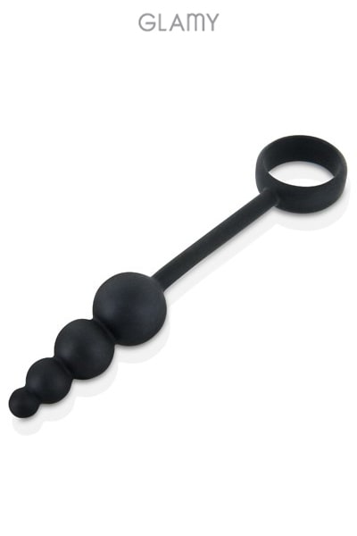 Plug anal silicone noir et cockring Glamy 22 x 1,4 à 3,5 cm