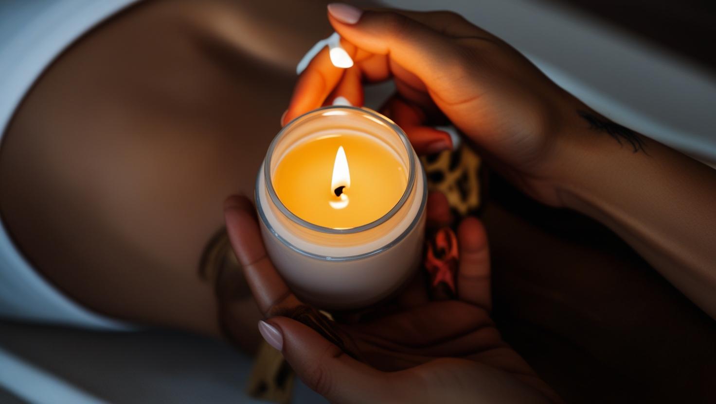 bougie de massage qui coule dans la main d une femme