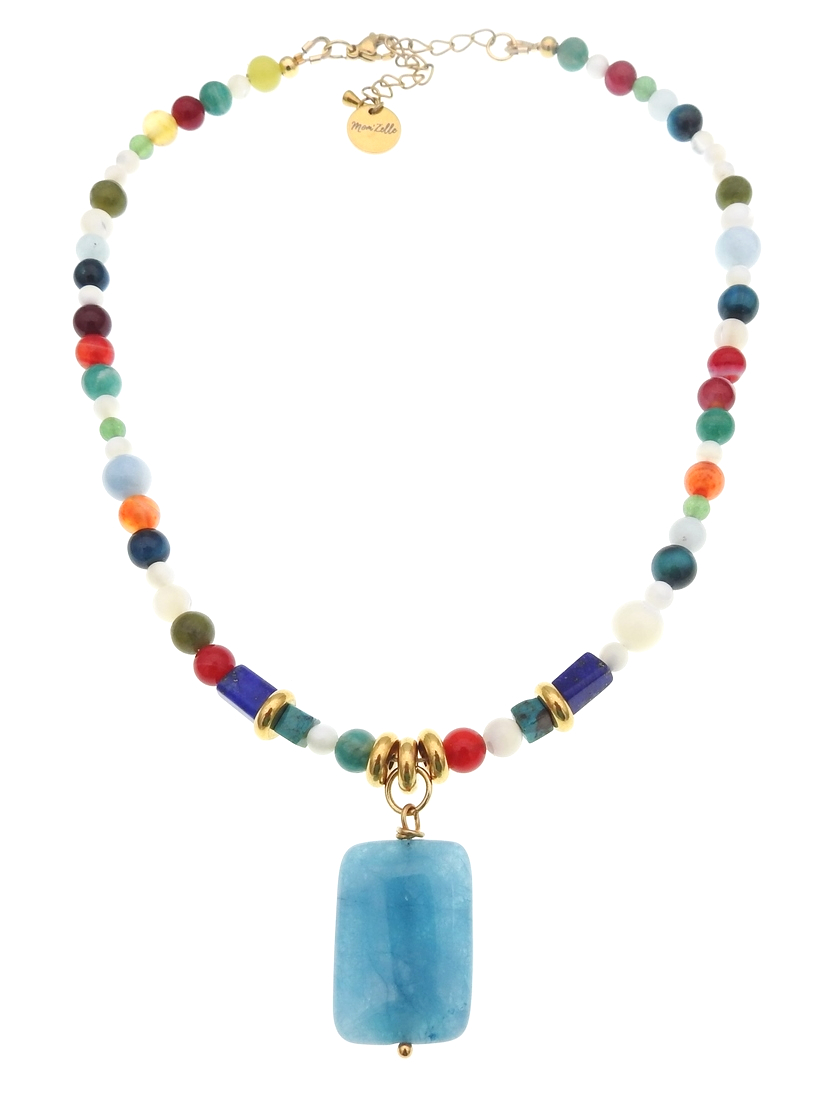 Collier ras de cou ALEGRIA en pierres fines avec son joli pendentif en quartz éponge bleu by Mom’Zelle MMC042