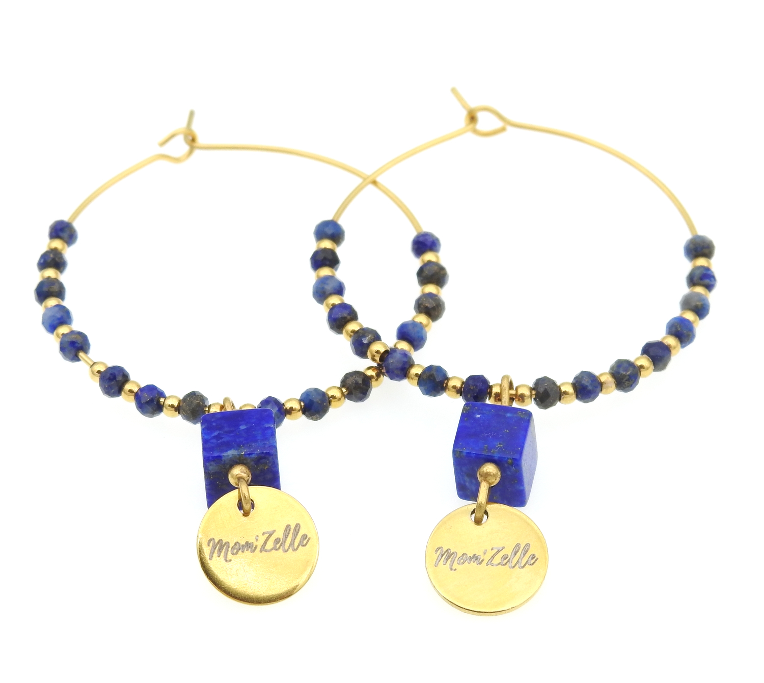 Créoles dorées au look original et moderne « Sérénité » en pierres fines lapis-lazuli MMC051 SONIA 1