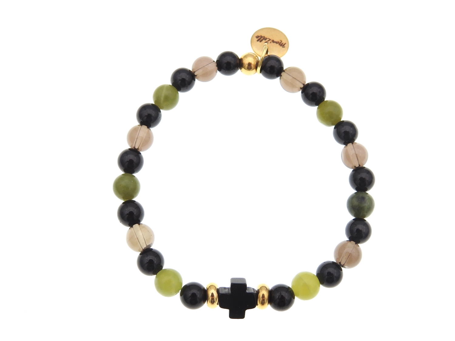 Bracelet tendance BENDITA composé de pierres fines avec croix en agate noire et perles dorées MMC056 BENDITA 1