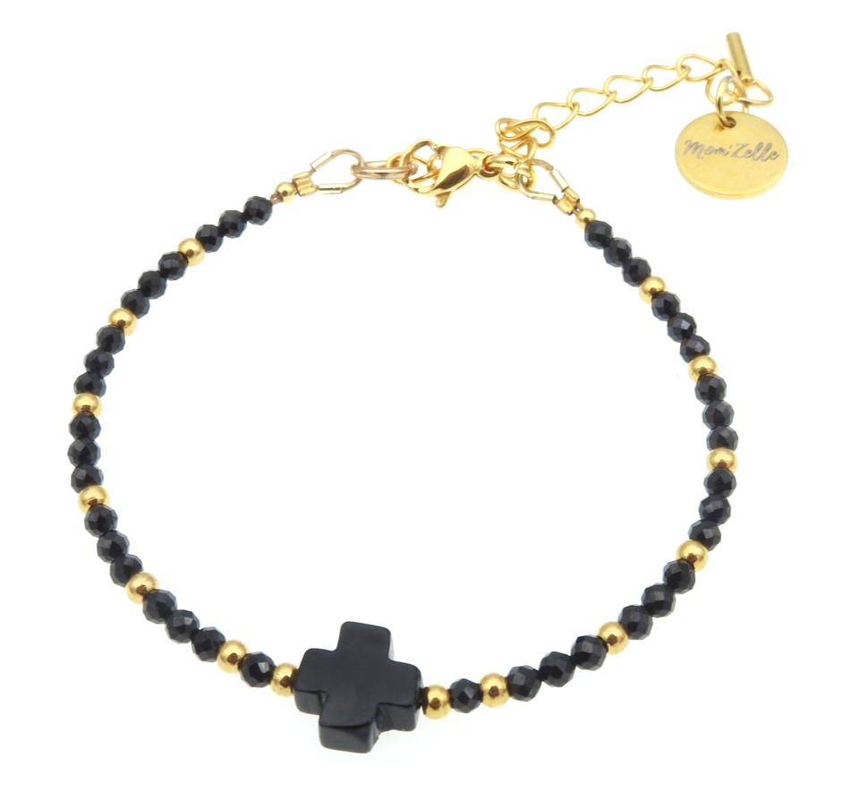 Bracelet « Protection » orné de pierres fines avec croix en agate noire. MMC106 SANDRA 2