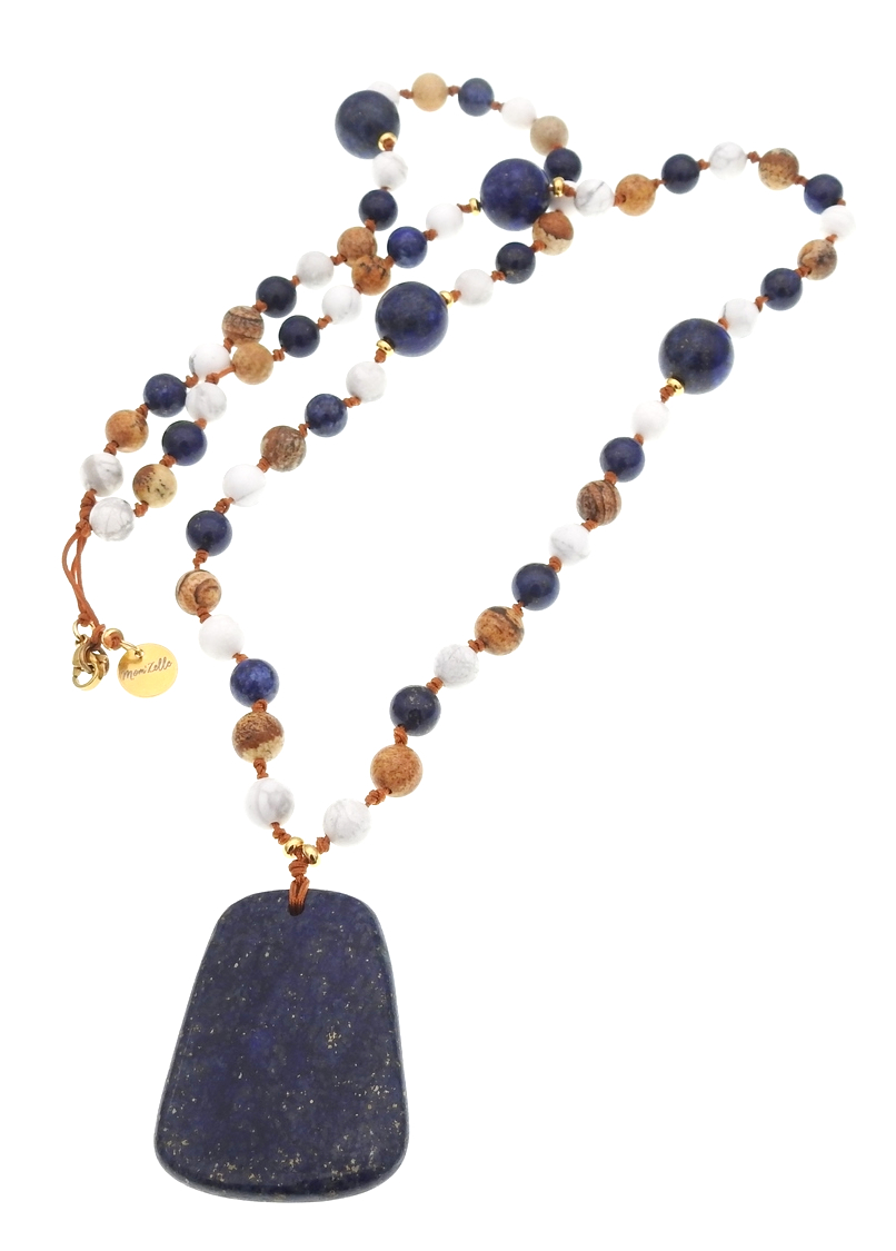 Sautoir RAQUEL « Communication et Connaissance » orné de pierres fines en lapis-lazuli, howlite blanche, jaspe paysage et perles dorées MMC116
