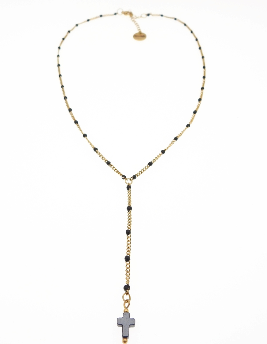 Collier Chapelet pour femme CRISTAL avec sa croix en pierre fine hématite | Chapelet Cristal | MomZelle | MMC111